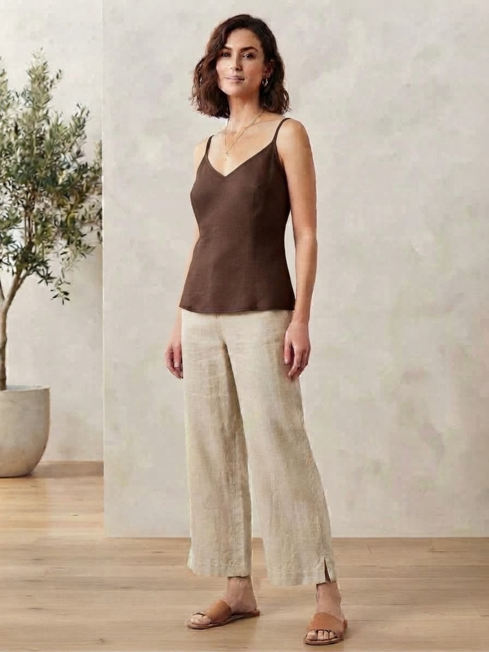 Tahari Natural Linen Wide-Leg Cropped Pants